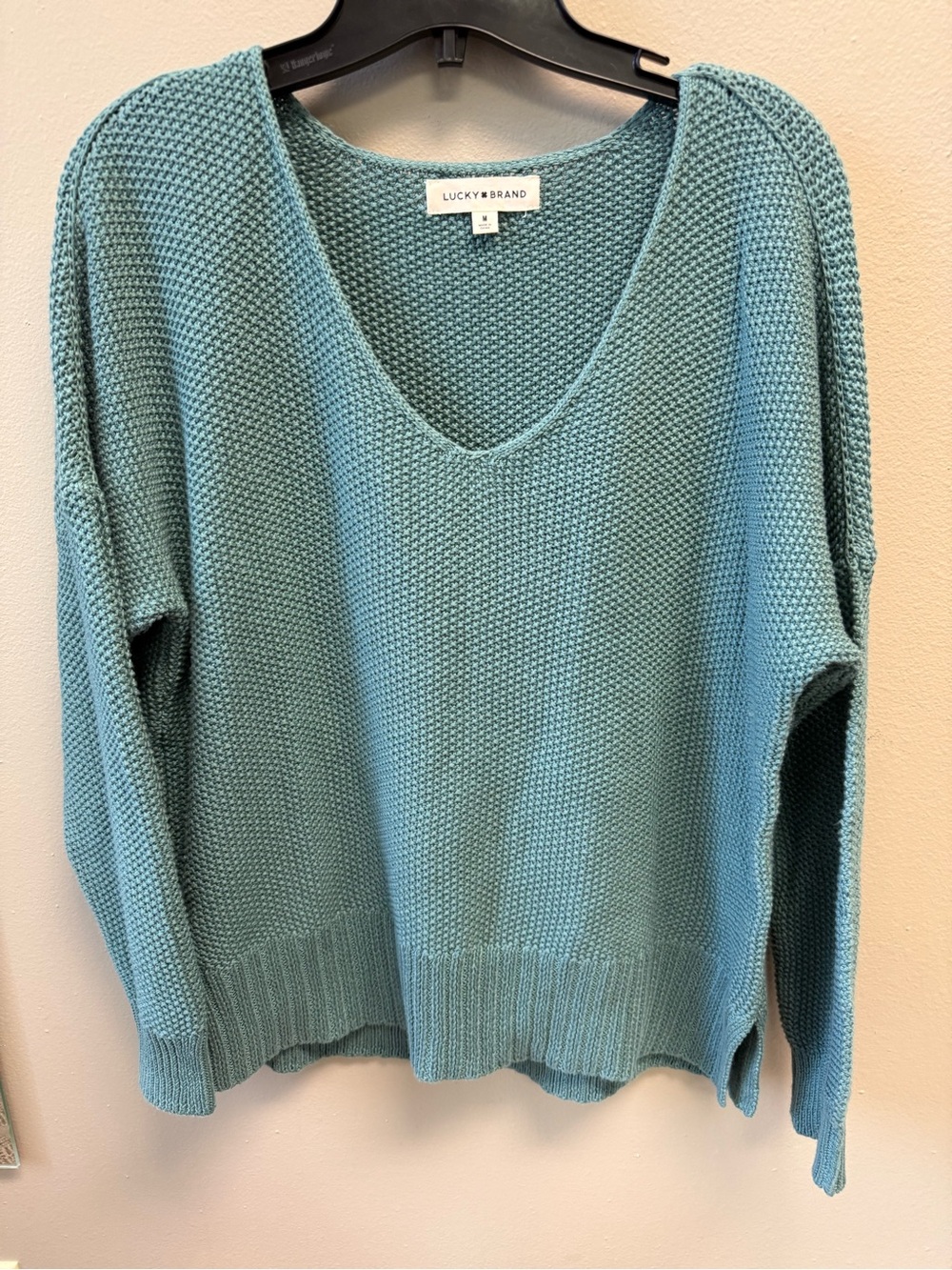 Lucky Brand Teal Blue V-Neck Textured Knit Sweater